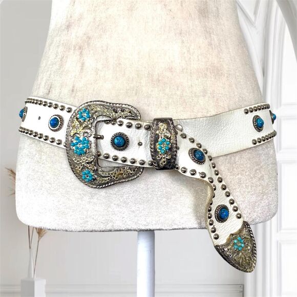Cache Early 2000's White Leather Turquoise Blue Studded Western Belt M - Picture 1 of 7